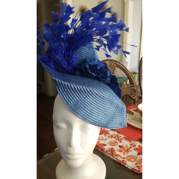 Stunning Kentucky Derby Fascinator Headband Straw Hat W/Feathers Royal Blue NWD - Picture 1 of 10